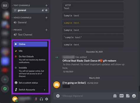 status messages for discord